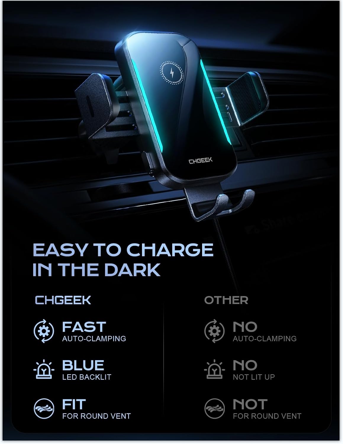 CHGeek Wireless Car Charger, 15W Fast Charging Car Phone Holder Charger Auto-Clamping Air Vent Car Phone Mount with Blue LED Backlit for iPhone 16 15 14 13 12, Samsung S24 S23 S22, etc