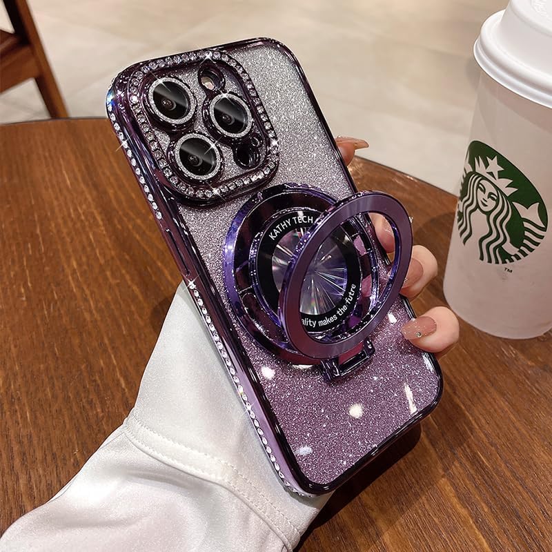 Magnetic Kickstand (Glitter Lens Protector ) Case for IPhone 15 14 13 12 Pro Max (Compatible with Magsafe ) Sparkling Diamond Cover Glitter Shiny Rhinestone Cases (Purple,for iPhone 14 Pro)