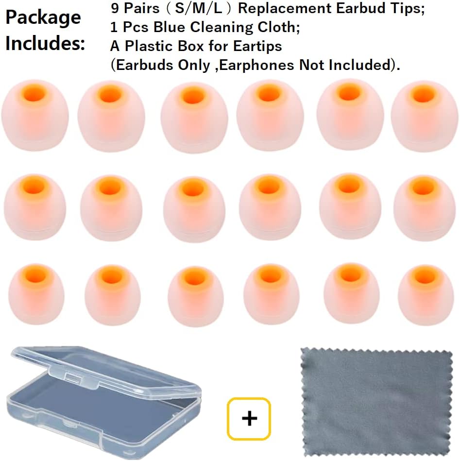 Earbuds Replacement Tips Silicone Earbud Tips Ear Gels Fit for Inner Hole from 3.8mm - 5.1mm Earphones 9 Pairs S/M/L Clear Orange