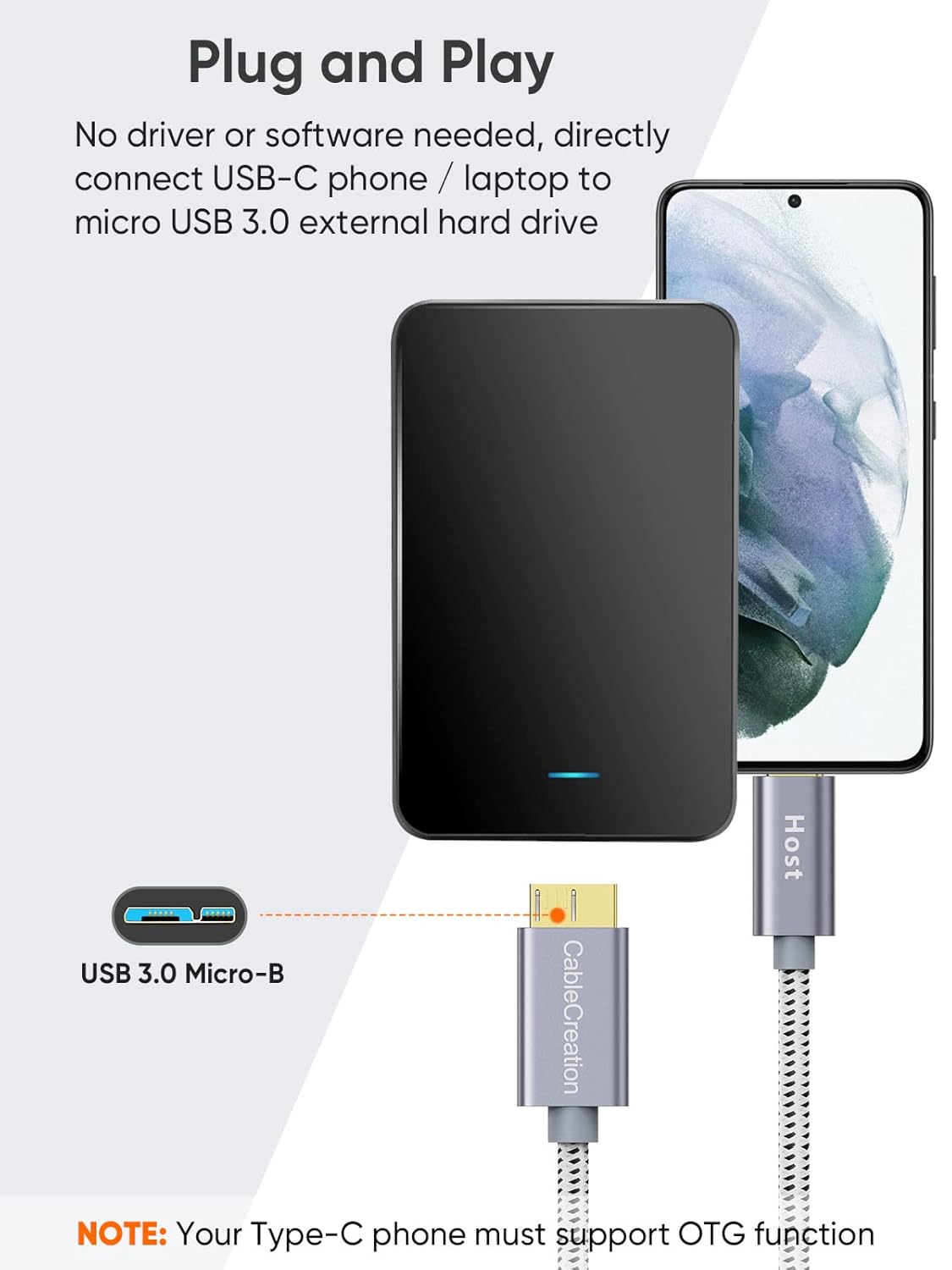 CableCreation 3.3FT USB C to Micro B Cable,10Gbps Speed External Hard Drive Braided,USB 3.1 Type C to Micro B Work for iPhone 15 Series,Seagate WD Westgate My Passport,MacBook Pro,iPad/Tablet,Grey