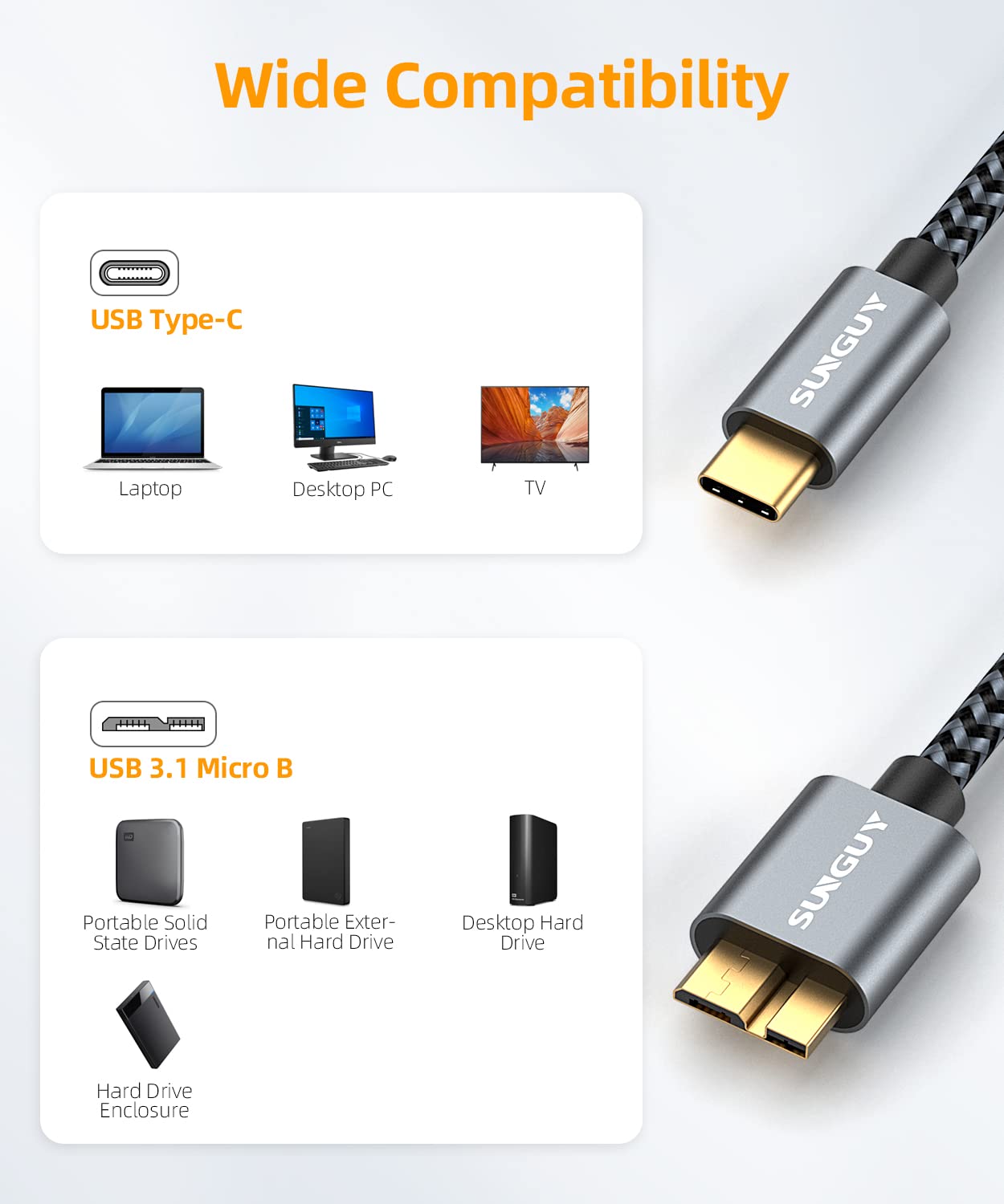 SUNGUY 10Gbps Micro B to USB C Hard Drive Cable 0.5FT, USB 3.1 USB C to Micro B, High-Speed External Hard Drive USB C Cable for iPhone 16/15 Series, MacBook Pro/Air, iPad, WD Toshiba Westgate Seagate