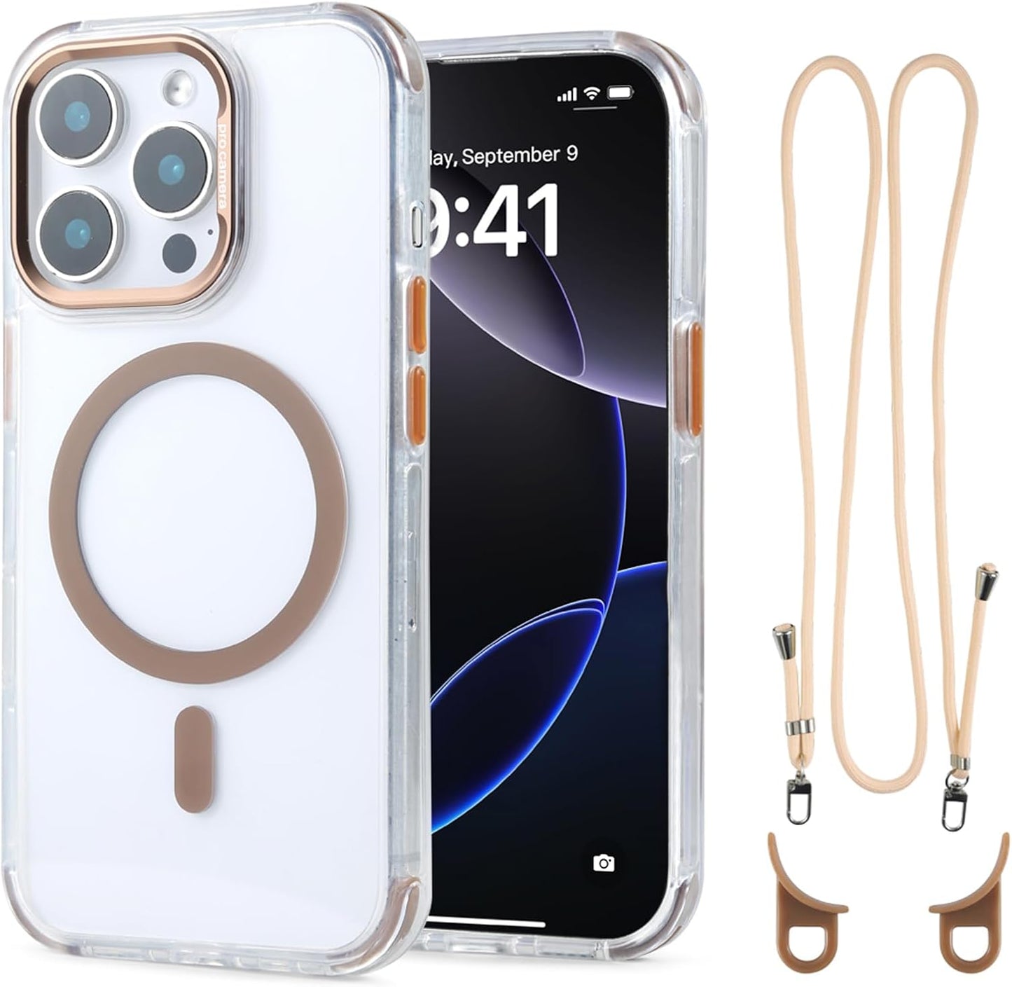 for iPhone 14 Pro Case with 62.99 inch Lanyard, Compatible with MagSafe, Shockproof Military-Grade Protection, Yellowing Resistant, Adjustable Strap Magnetic Phone Case, Classic Clear&Brown