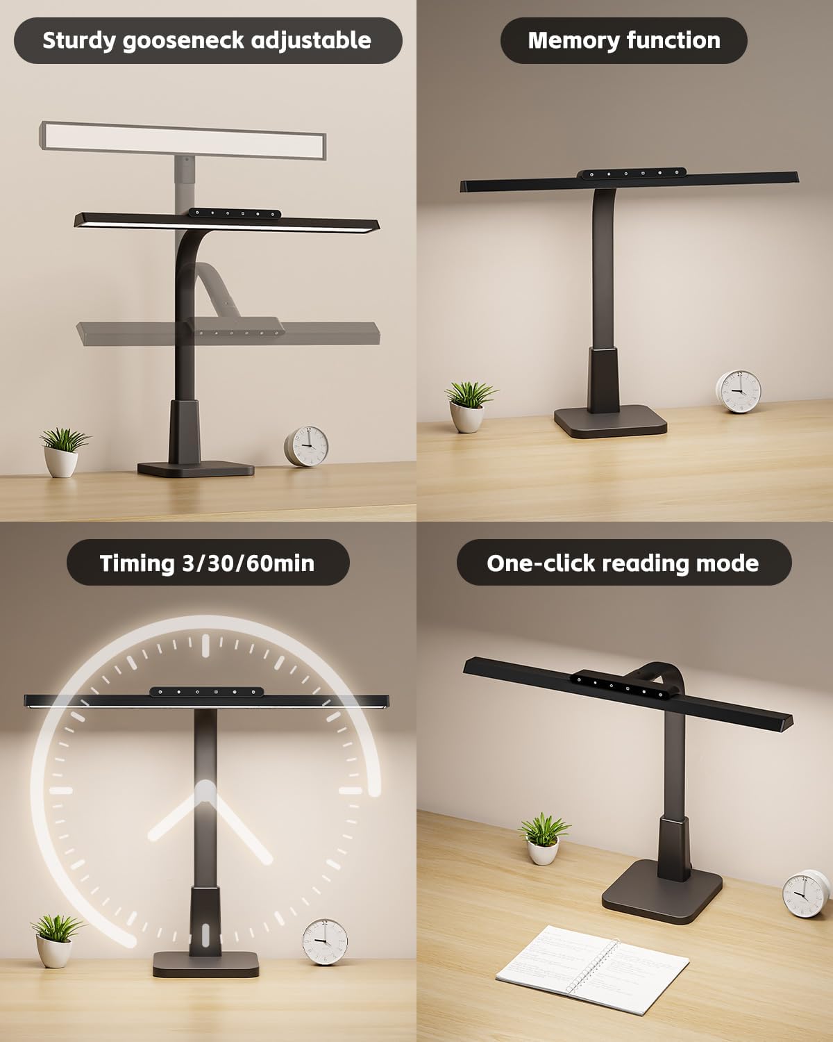 LED Desk Lamp for Home Office with Base, Dimmable Eye-Caring Computer Light with Memory & Timer Functions, Flexible Gooseneck Touch Control Architect Desk Light for Reading, Study, Workbench (Black)