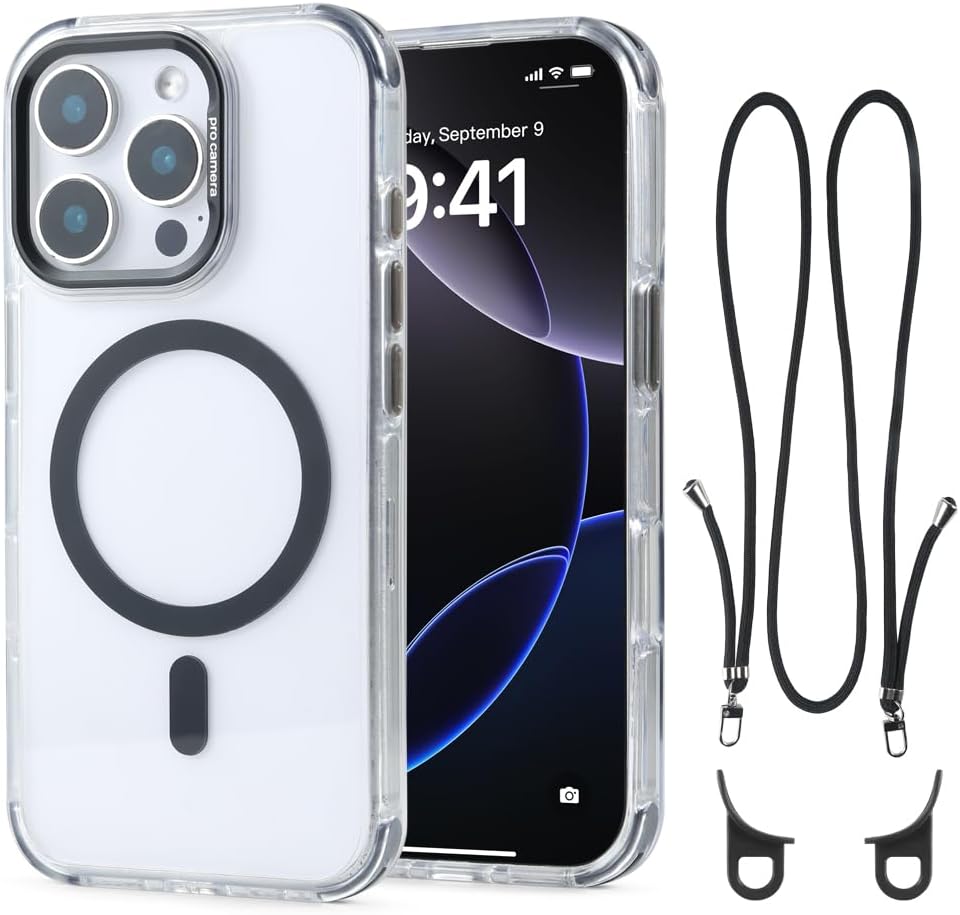 for iPhone 16 Pro Case with 62.99 inch Lanyard, Classic Clear&Black Magnetic Phone Case, Drop&Shockproof Protection Cases, Phone Lanyard for Around The Neck, Compatible with Magnet Accessory