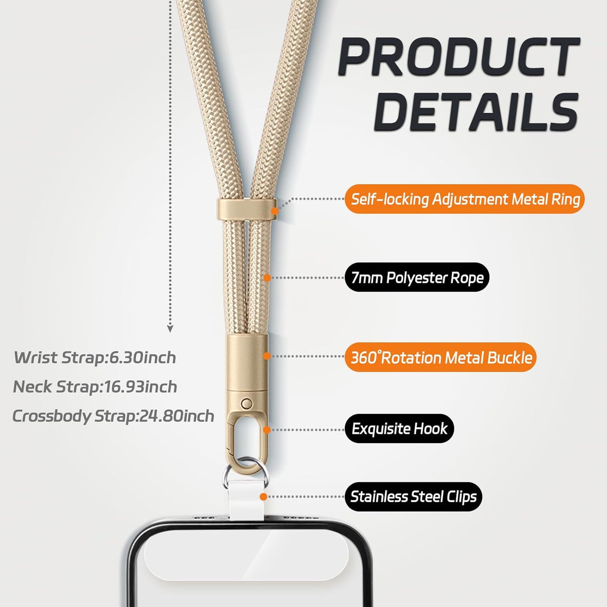 3 Pack Phone Lanyard,1×Phone crossbody strap,1×Phone Neck Strap,1×Wrist Strap,3×Tether Tabs,Universal Cell Phone Multifuctional Patch Polyester Lanyards(Light Camel)