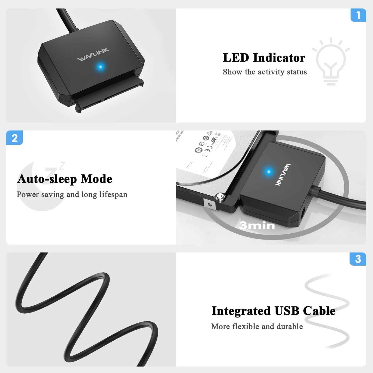 WAVLINK SATA to USB Type-A Hard Drive Cable, 5Gbps USB3.0 to Sata Cable Support UASP, External Hard Drive SATA I/II/III Connector 2.5" SSD/HDD and 3.5" HDD up to 20TB