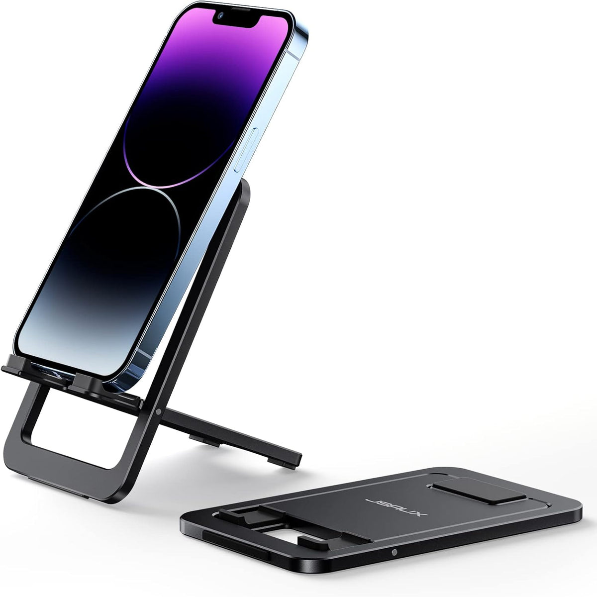 JSAUX Cell Phone Stand, Foldable Aluminum Adjustable Phone Holder for Desk Portable Travel Holder Office Desk Accessories Compatible with iPhone 15 14 13 12 11 Pro Max X Samsung S24 S23 Steam Black