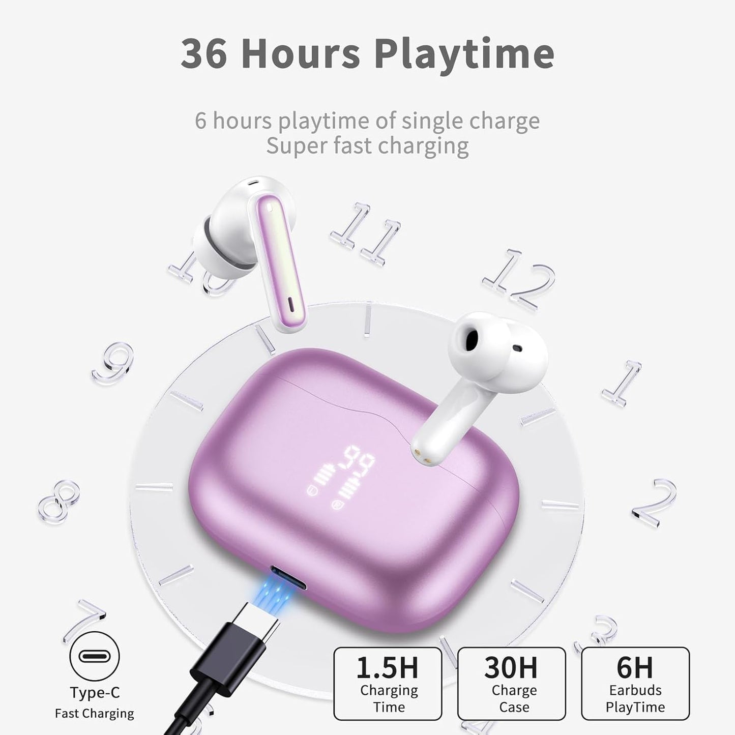 Wireless Earbuds, Bluetooth 5.4 Headphones in Ear with 4 ENC Noise Cancelling Mic, New Wireless Earphones HiFi Stereo Deep Bass 40H Playtime, in-Ear Bluetooth Earbuds LED Display IP7, USB-C, Violet
