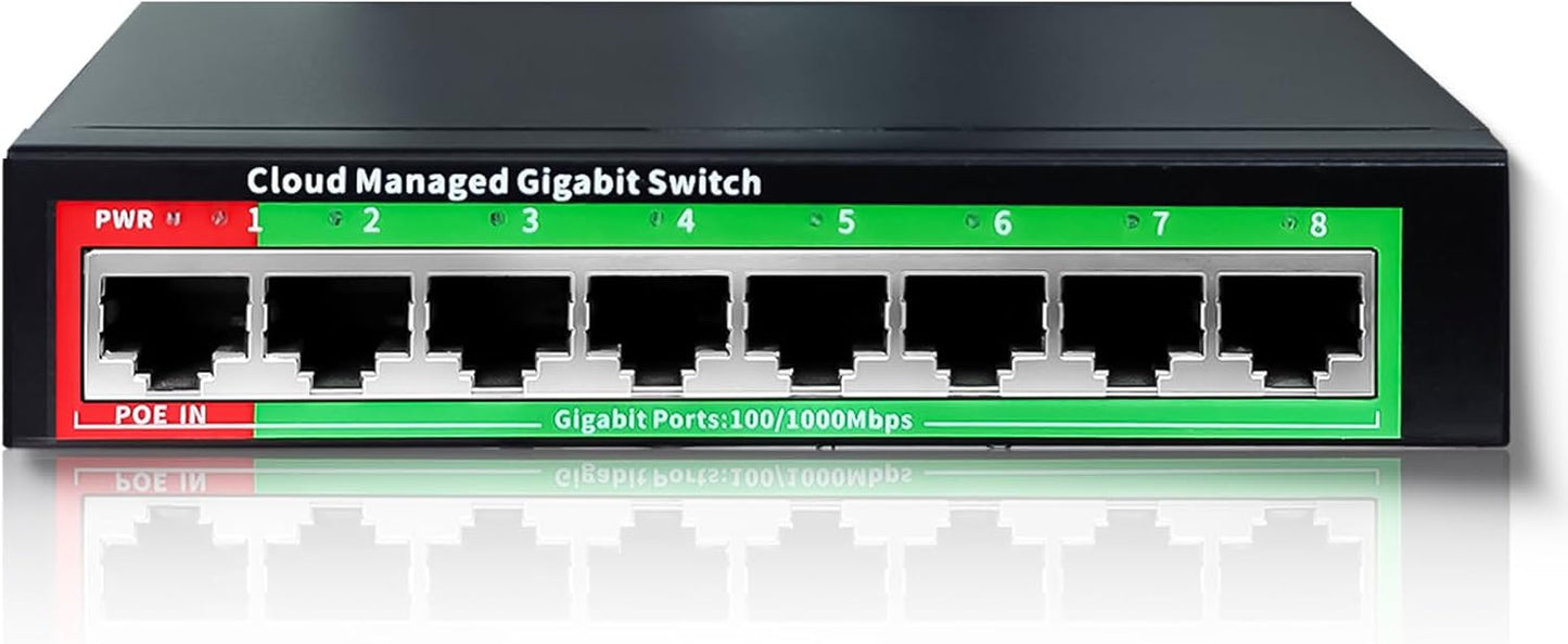 STEAMEMO 8-Port Gigabit Ethernet Switch | Smart Managed with VLAN & QoS | Plug & Play Desktop/Wall-Mount Network Hub w/ PoE in Design | Metal Housing & Web Managed(Includes Power Adapter)