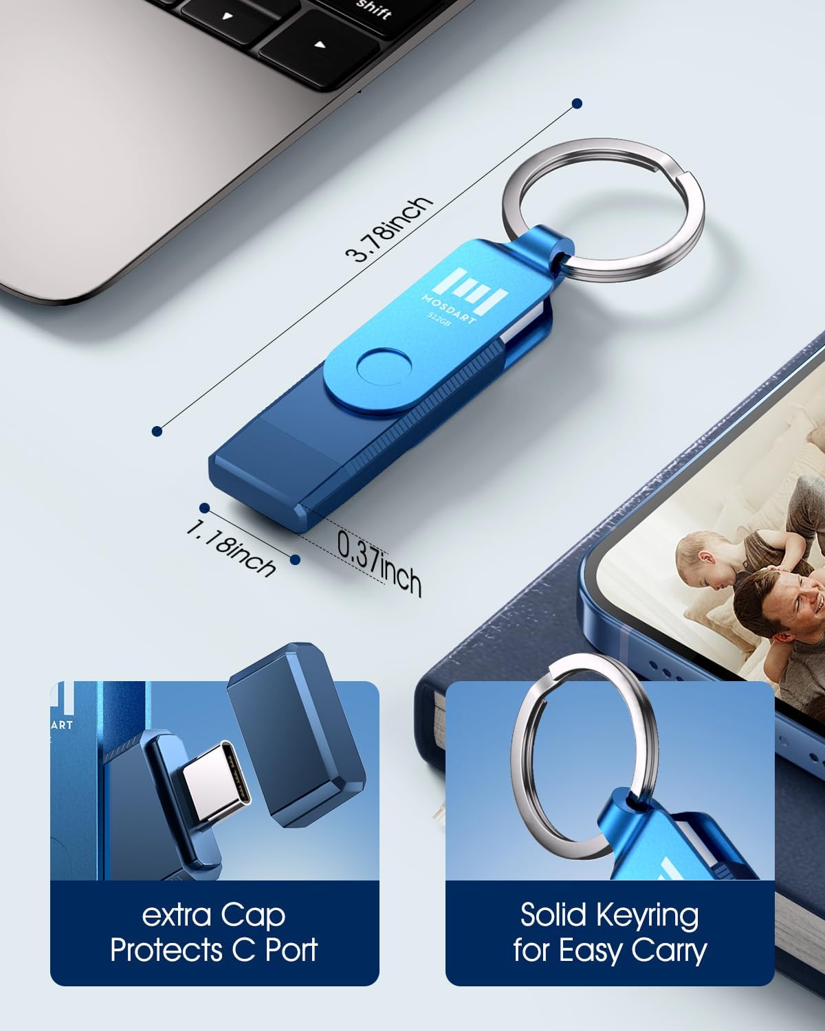 MOSDART 512GB Dual USB C Flash Drive, Speed Up to 150MB/S Type C 3.1 Thumb Drive with Keychain, for iPhone 15 and 16, Android Phone, iPad, MacBook, and Laptops, Navy Blue