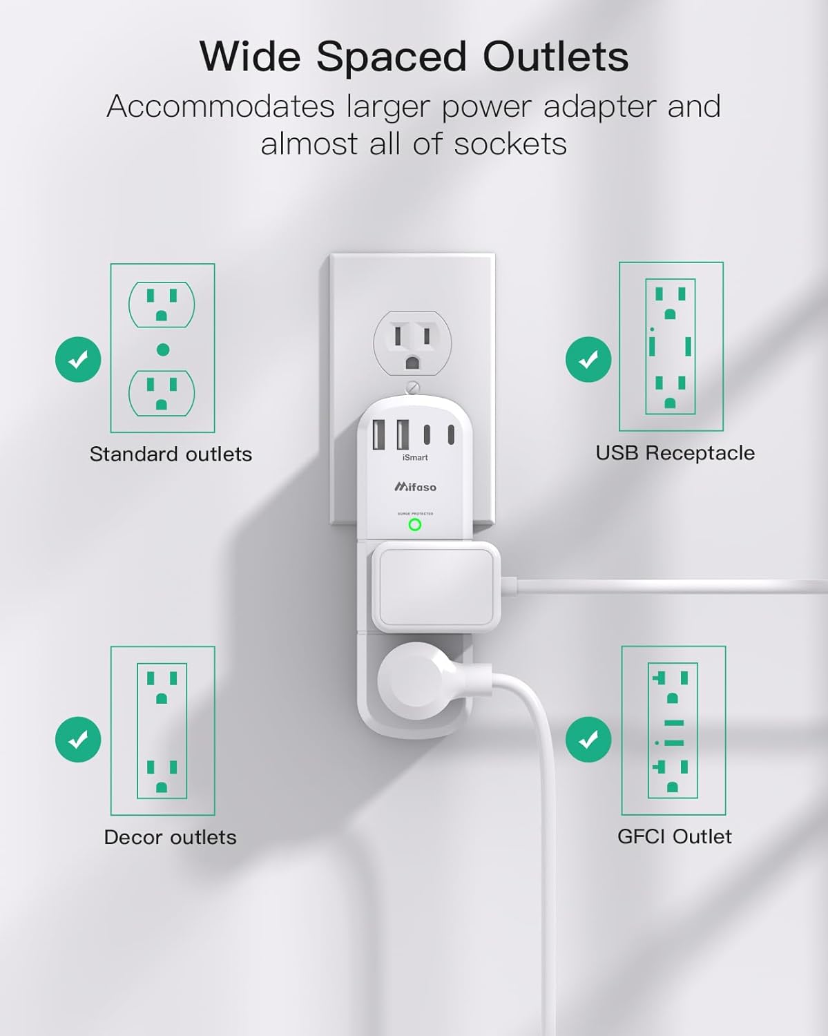 Surge Protector Outlet Extender with Rotating Plug, 6 AC Multi Plug Wall Outlets and 4 USB Ports, 1800 Joules, Swivel Power Strip Electrical Splitter for Home Decor Apartment Dorm Room Essentials