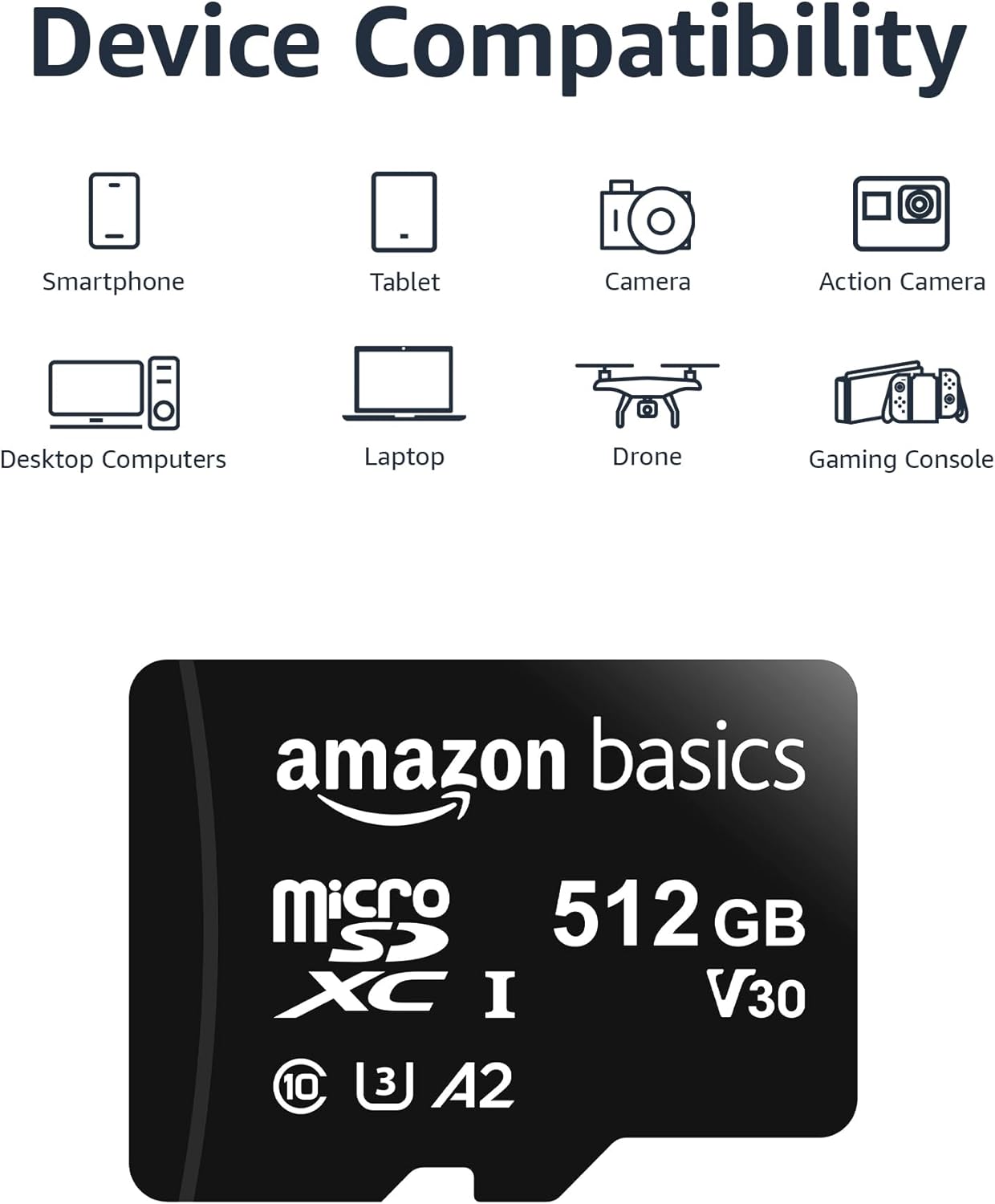 Amazon Basics Micro SDXC Memory Card with Full Size Adapter, A2, U3, Read Speed up to 100 MB/s, 512 GB, Black