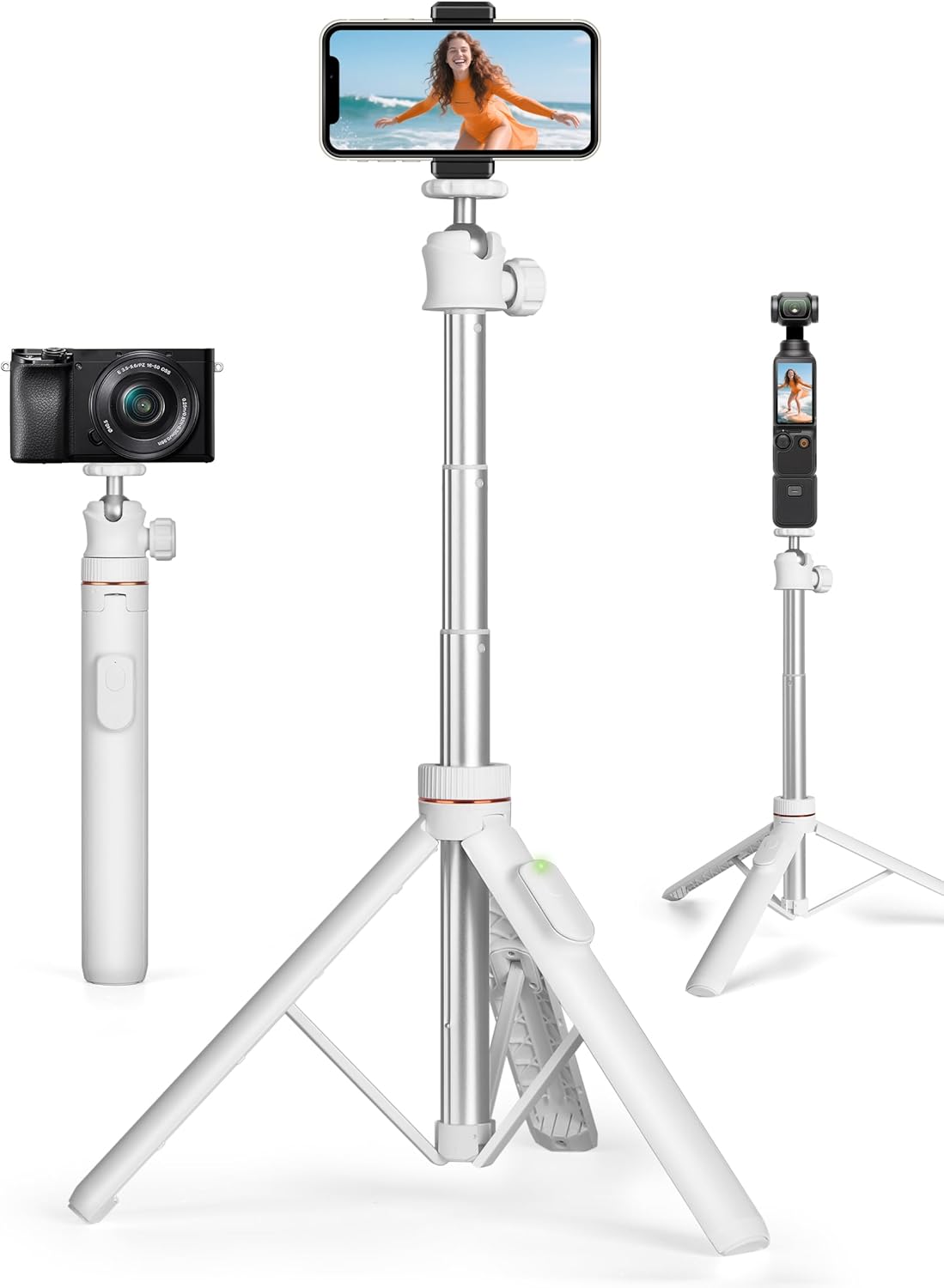 JOILCAN Tripod for iPhone & Camera, 64" Selfie Stick with 360° Ball Head Remote & Phone Holder, Extendable Portable Phone Tripod Stand for Travel Vlog Compatible with Canon Sony DLSR DJI (White)