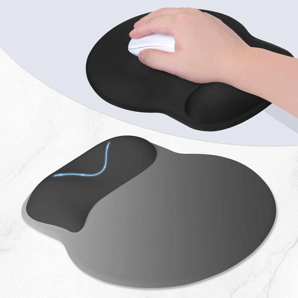 ITNRSIIET Ergonomic Mouse Pad with Wider Memory Foam Wrist Rest +17% - Curved Cushion Reduces Pressure 20%, Pain Relief, Non-Slip, Smooth, Cute Colors, 9.85 x 9 in, Gray Gradient