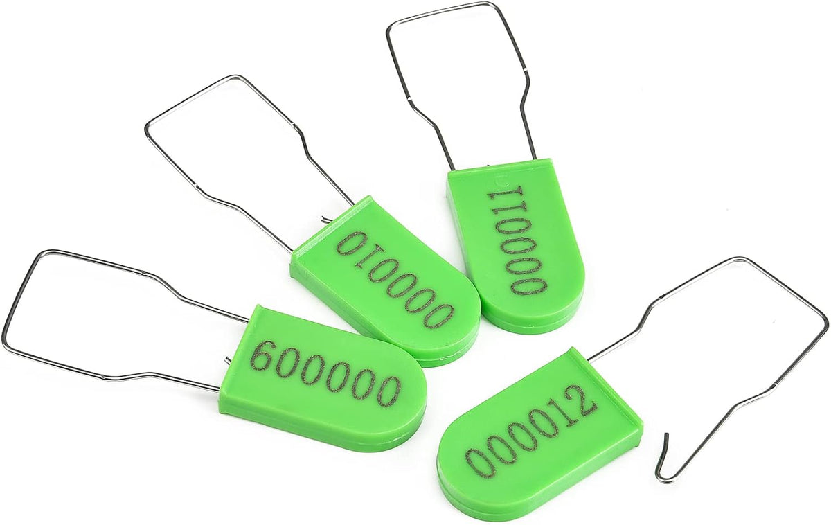 100PCS Plastic Padlock Security Seals Metal Wire Padlocks Electric Meter Lockout Tags Self-Locking Numbered Anti Tamper Seal Tags Green