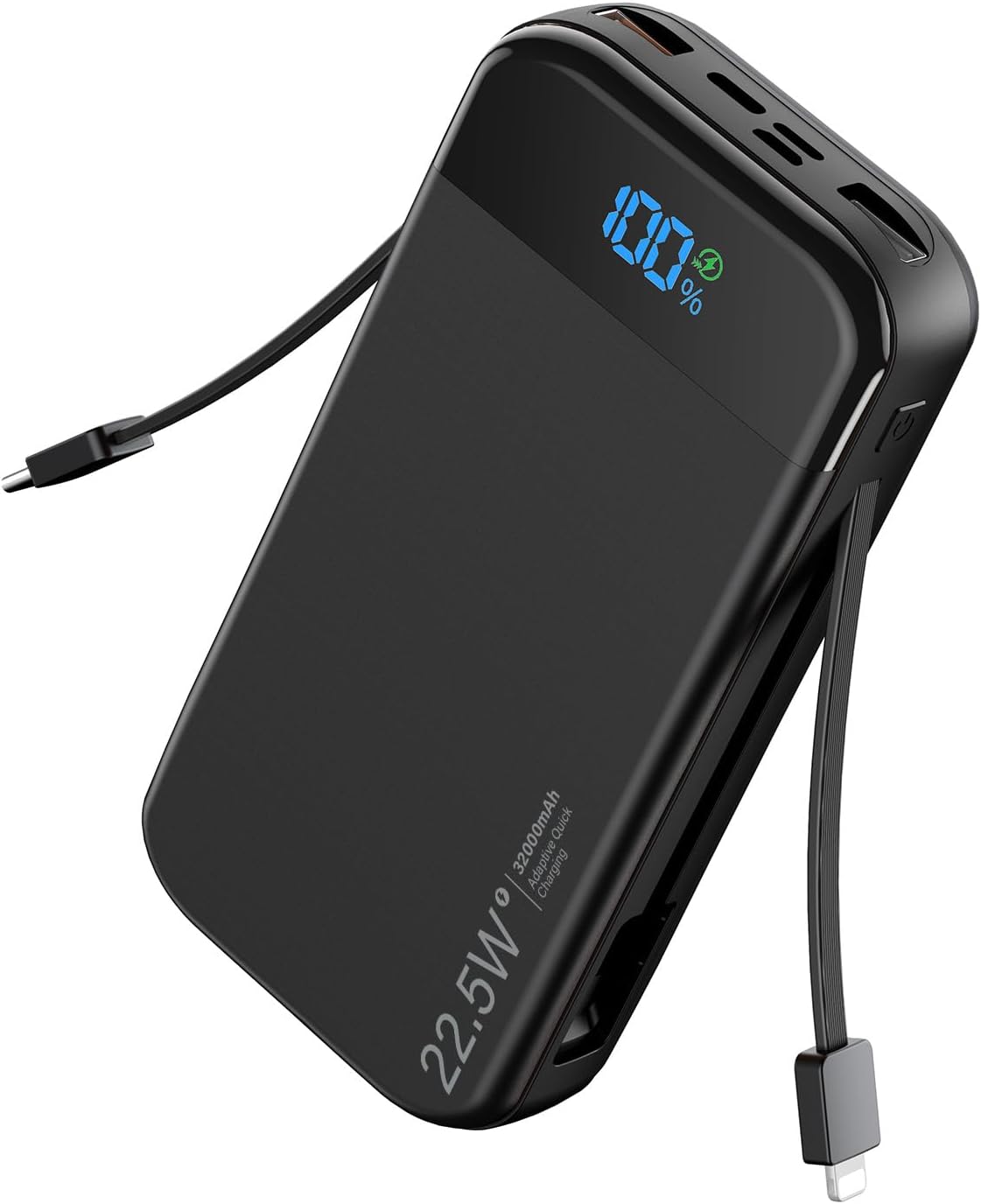 Portable Charger Power Bank 32000mAh with Built in Cables, PD3.0 USB C Fast Phone Charger, 5 Outputs LCD Display Travel Battery Pack Compatible with iPhone, Samsung All Cell Phones (Black)