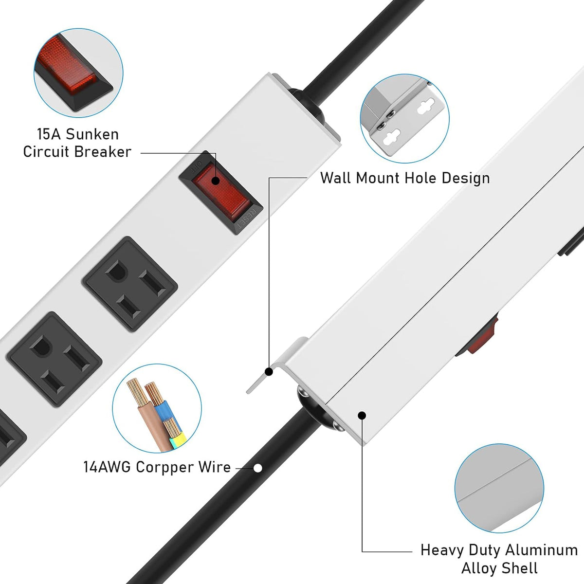 JUNNUJ Metal 12 Outlet Power Strip, Mountable Heavy Duty Power Strip, 1200J Surge Protector Wall Mount Screws Outlet with Switch, Gaming Desk Strips Wide Spaced 15A 125V 1875W, 6 FT 14AWG Power Cord