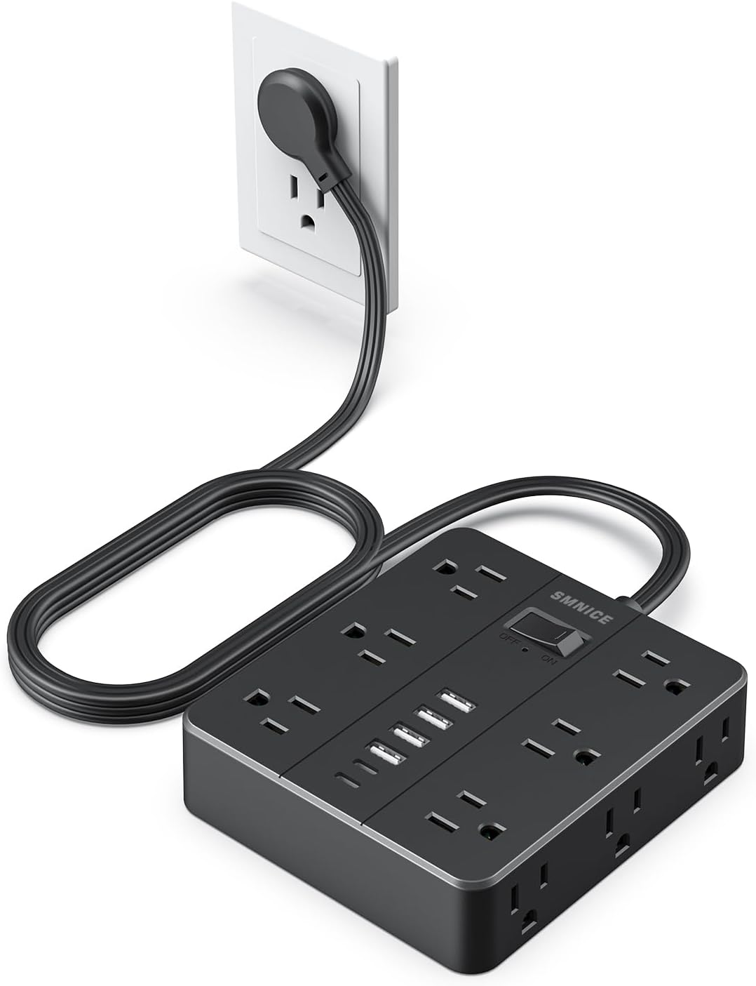 Power Strip Flat Plug with 12 Outlets 6 USB(2 USB C),SMNICE Surge Protector Charging Station with Overload Protection,5ft Extension Cord Widely Spaced Multiple Outlets for Home Office Dorm,Black