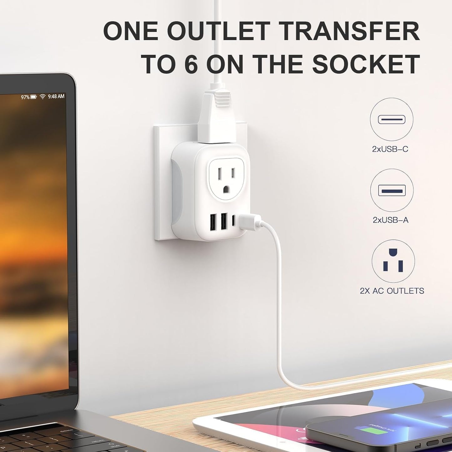 2 Pack European Travel Plug Adapter, VYLEE International Travel Adapter with 2 Outlets 4 USB Ports(2 USB C), 6 in 1 Type C Travel Essentials Charger for US to Most of Europe EU Italy Spain France