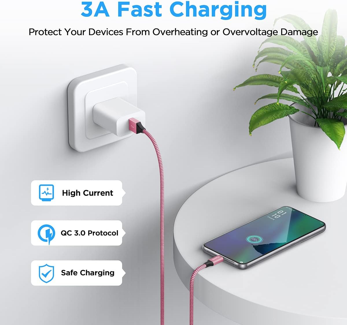 etguuds 6ft USB A to USB C Cable 3A Fast Charging, 2-Pack USB A to USB Type C Charger Cord for iPhone 16 15 Pro/Pro Max/Plus, for Samsung Galaxy S24 S23 S22 S21 S20 S10 A55 A54 Flip Note, Moto, Pink