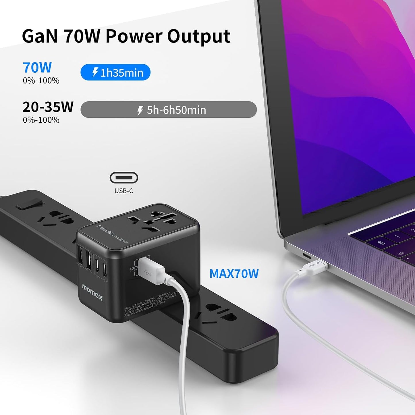 MOMAX Universal Travel Adapter, GaN 70W International Power Adapter, 3 USB-C PD Fast Charging & 2 USB-A QC, 1 AC, All-in-one International Plug Adapter for Travel European UK AUS JP