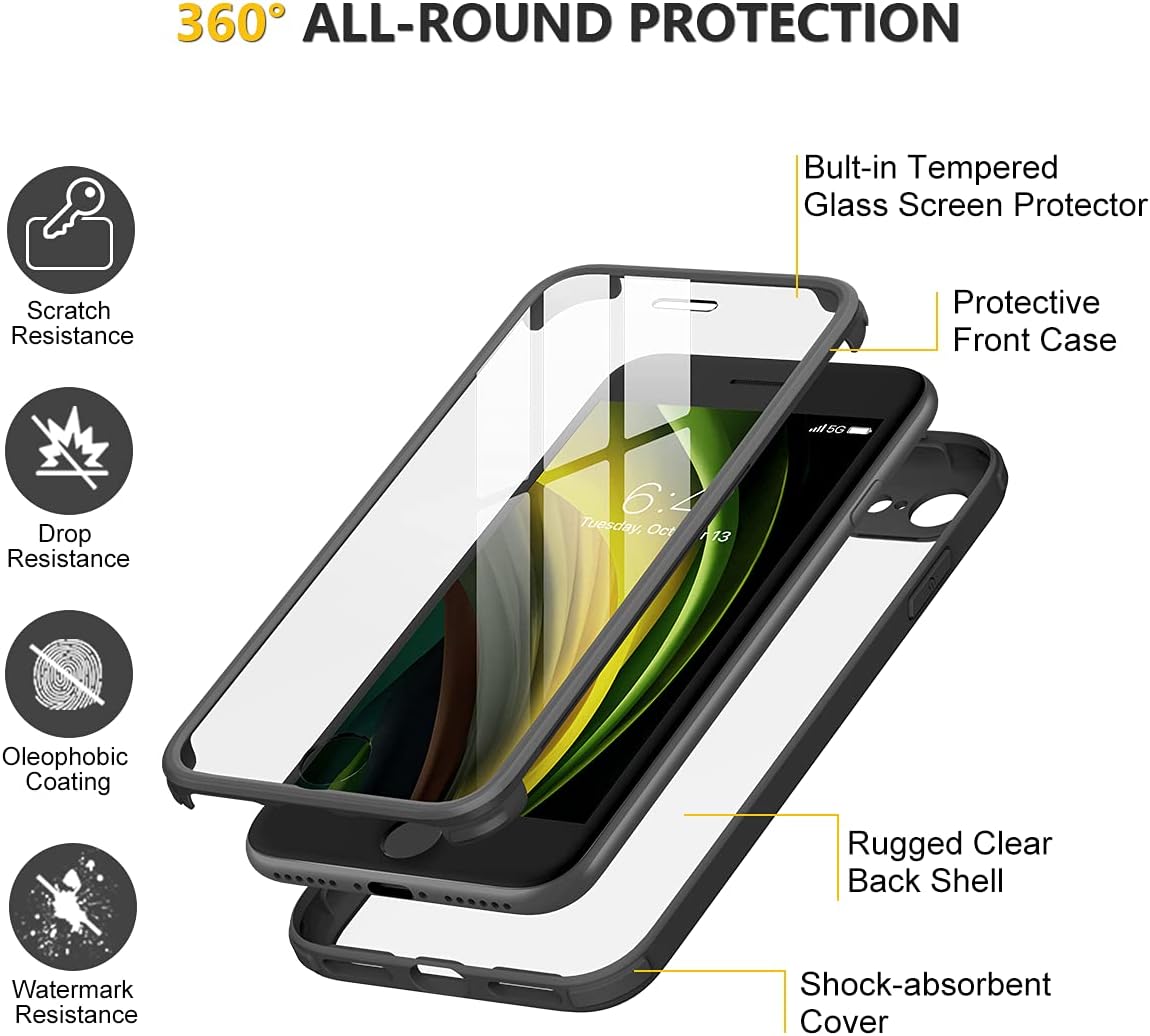 Miracase for iPhone SE Phone Case 3rd/2nd Generation 2022 2020 Full-Body with Built-in Glass Screen Protector, Heavy Duty 360° Protective Shockproof Bumper Cover for iPhone 8/SE 4.7 Inch, Black