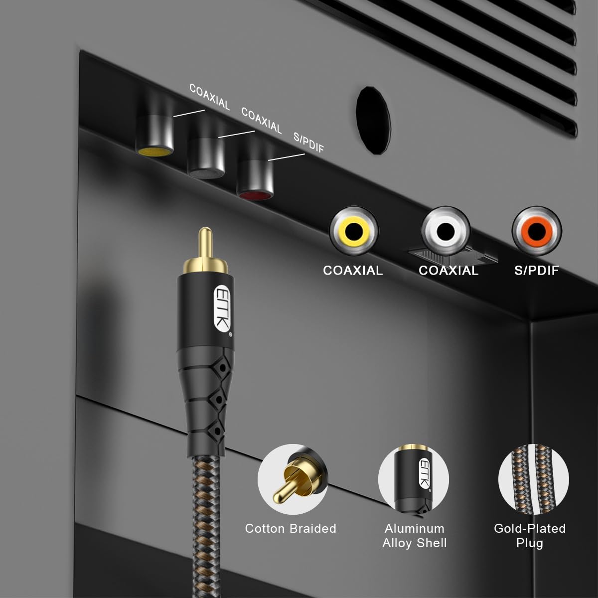 EMK RCA to RCA Subwoofer Cable – 24K Gold-Plated Connector Nylon Braided Double Shielded Audio Cable Digital&Analog Signal Support for Amplifiers Subwoofer Home Theater Hi-Fi Systems Black/50ft/15m