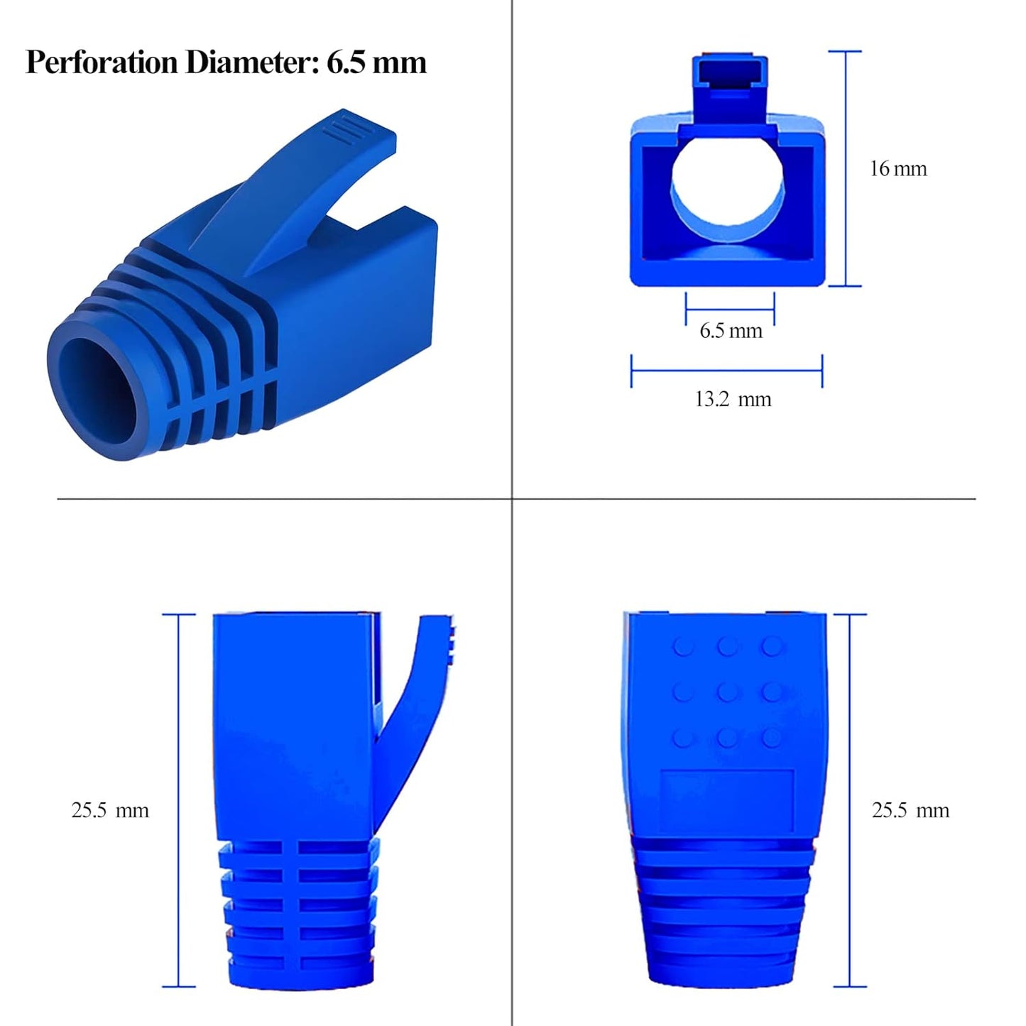 100Pack RJ45 Boot Cover, Cat5 Cat6 Cat6A Ethernet Network Cable Strain Relief Boot, Fits Overall Jacket Diameter 5.5-6.5MM Ethernet Cable (Hole Diameter: 6.5mm, Blue)