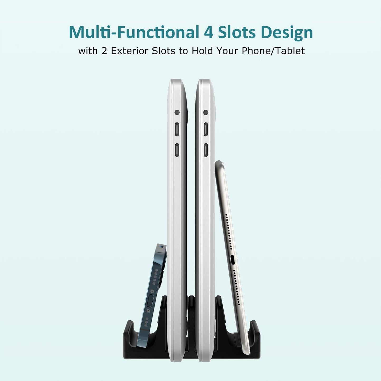 Vertical Laptop Stand - SPACEMax Adjustable GRIPLock Anti-Tip Silicone 4 Slots Aluminum Desktop Holder - Double Dock Stand - 2 Phone Slots Fits Up to 17.3” Laptops, Tablets, Phones - Black