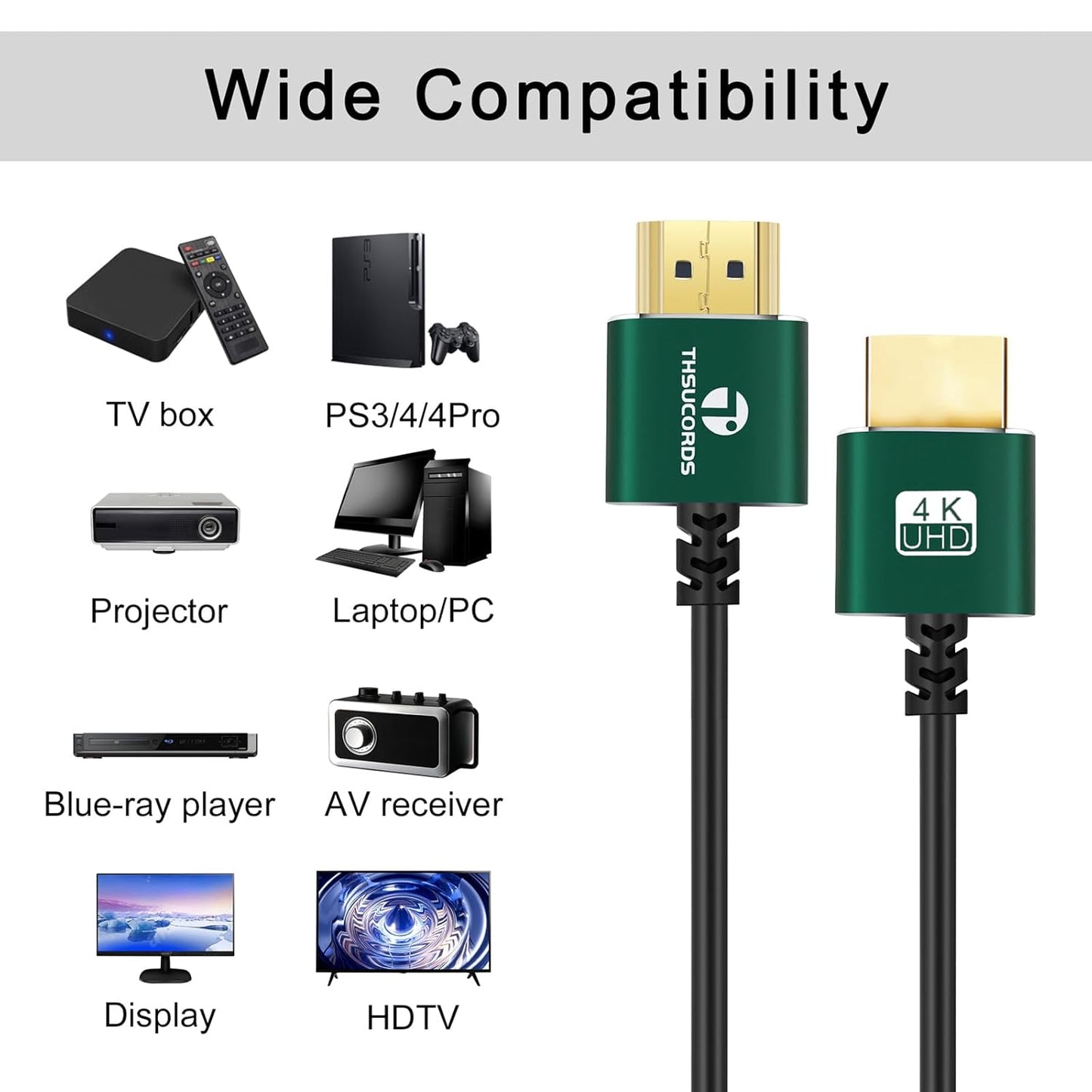 Slim HDMI Cable 1FT, Ultra Soft & Thin HDMI to HDMI Cord, Extreme Flexible & Skinny HDMI Wire Supports High Speed 4K@60Hz 18gbps 2160p 1080p