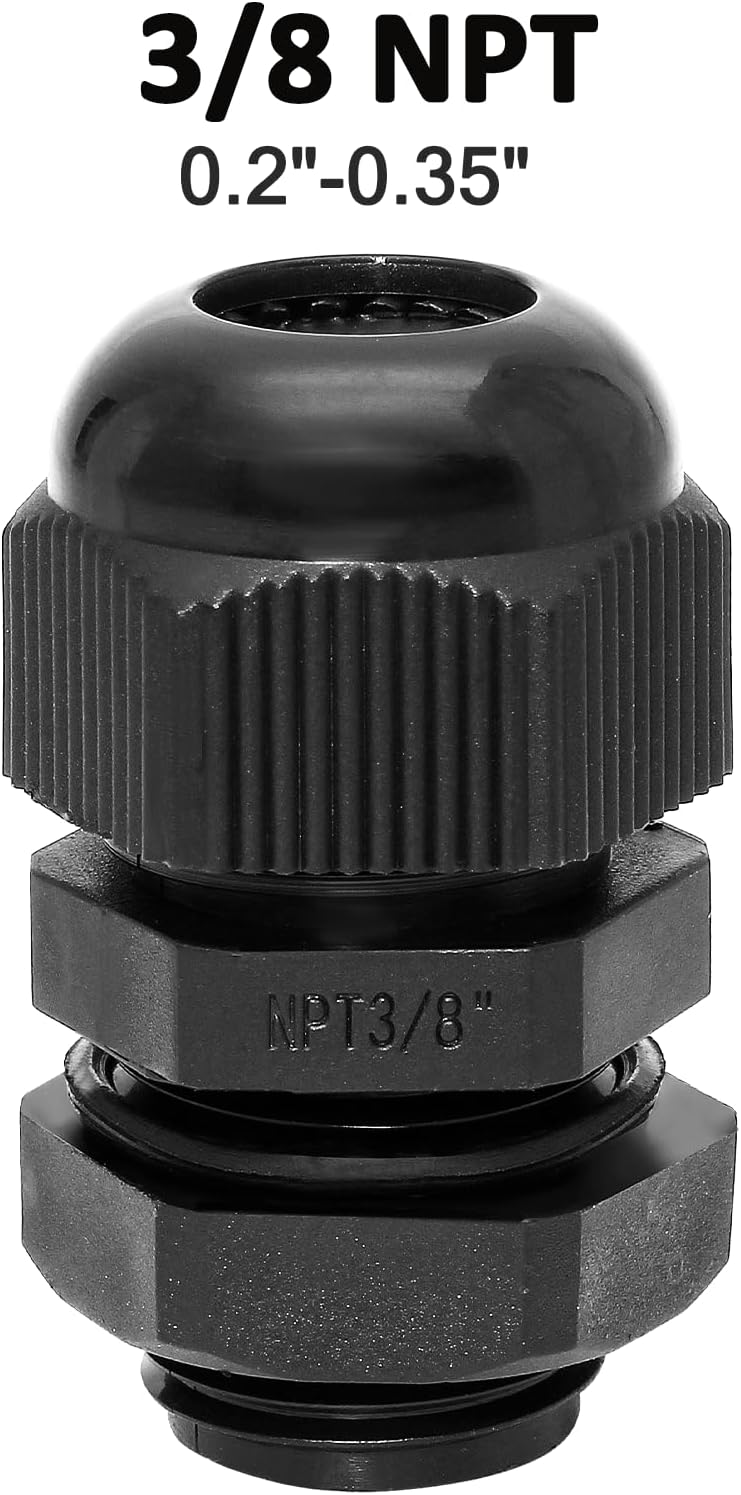 20 Pcs 3/8" NPT Nylon Cable Glands, IP68 Waterproof Adjustable Cord Grip Cable Connector Strain Relief Wire Protectors for 5-9mm Cable Diameter, Black