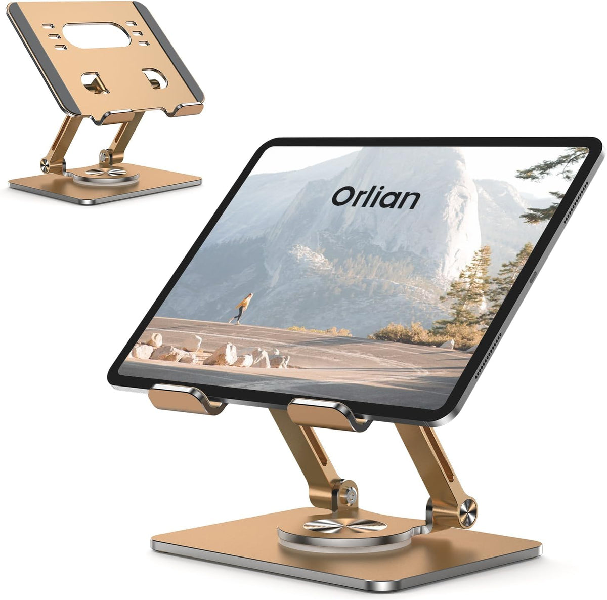 Tablet Stand Holder with Thickened 360°Rotating Base Dual Rod Adjustable Aluminum Stand for All 5.8-12.9” iPad Samsung Phone Tablet Kindle E-Reader and More, Gold