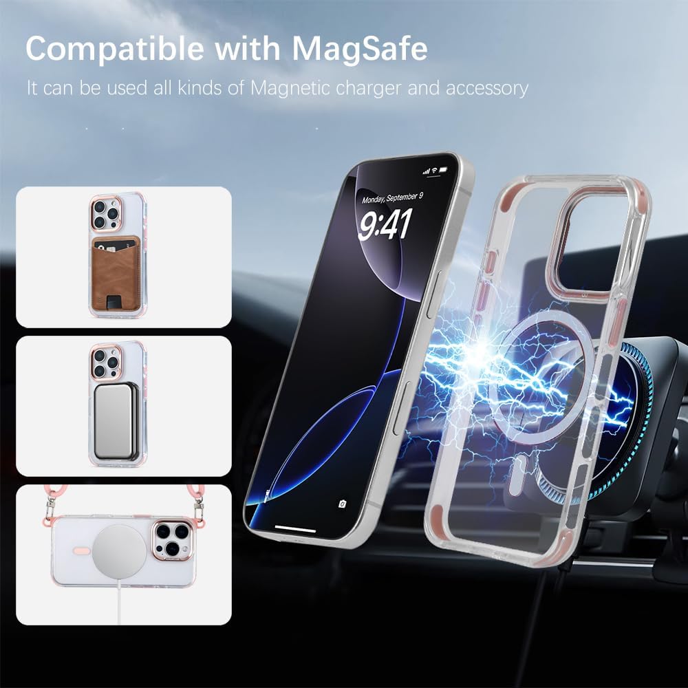 for iPhone 16 Pro Max Case with 62.99 inch Lanyard, Classic Clear&Pink Magnetic Phone Case, Drop&Shockproof Protection Cases, Phone Holder Lanyard, Compatible with Magnet Accessory