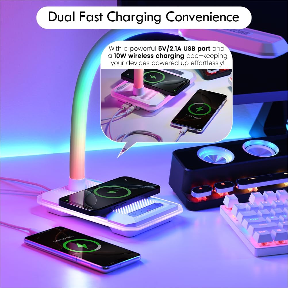 WILIT Desk Lamp with Wireless Charger, Music Sync RGB Color Changing Lights, Gaming Lamp with USB Charging Port, Touch Control Table Lamp, Desktop Light for Home Office Dorm Room, Birthday Gifts