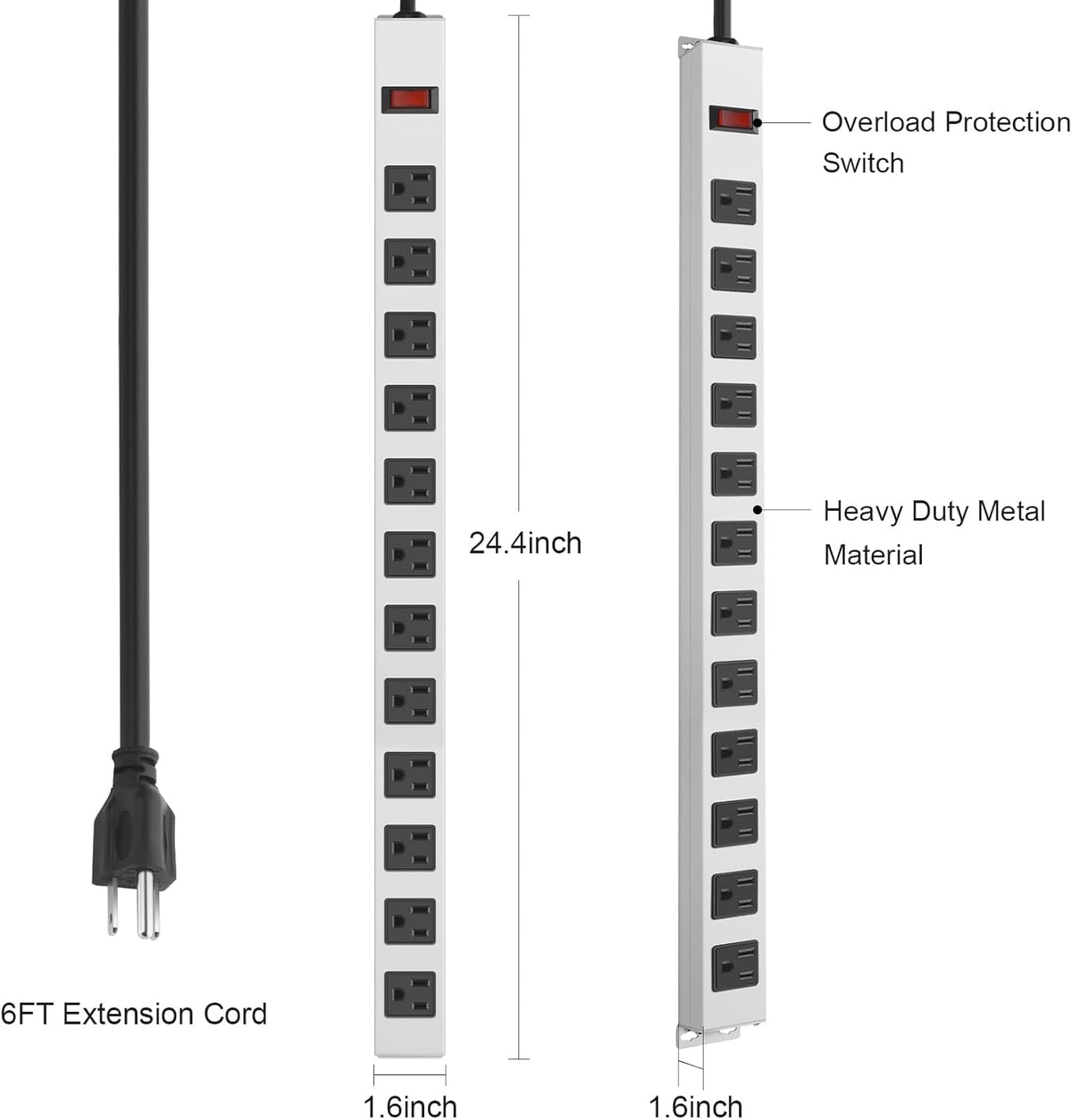 JUNNUJ Metal 12 Outlet Power Strip, Mountable Heavy Duty Power Strip, 1200J Surge Protector Wall Mount Screws Outlet with Switch, Gaming Desk Strips Wide Spaced 15A 125V 1875W, 6 FT 14AWG Power Cord