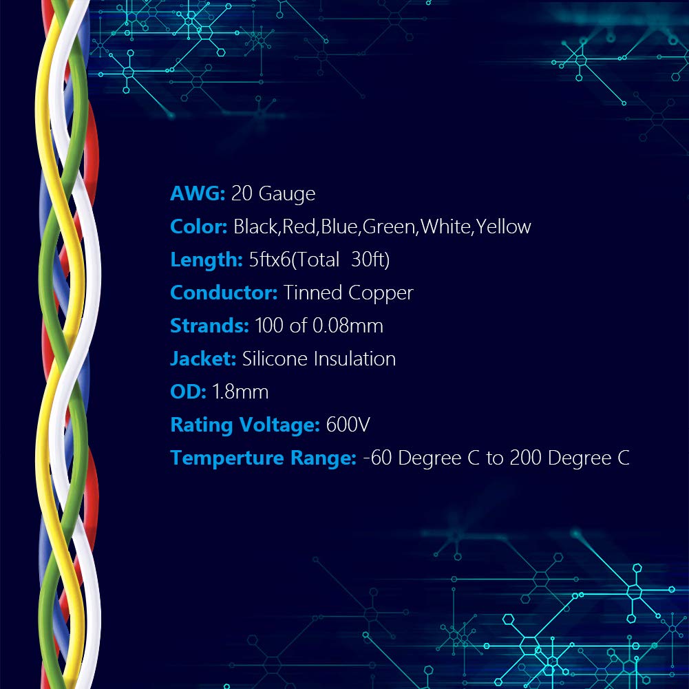 Fermerry 20 AWG Stranded Wire Spool 5ft Each 6 Colors Flexible 20 Gauge Silicone Hook up Wire Kit Electrical Tinned Copper Wire