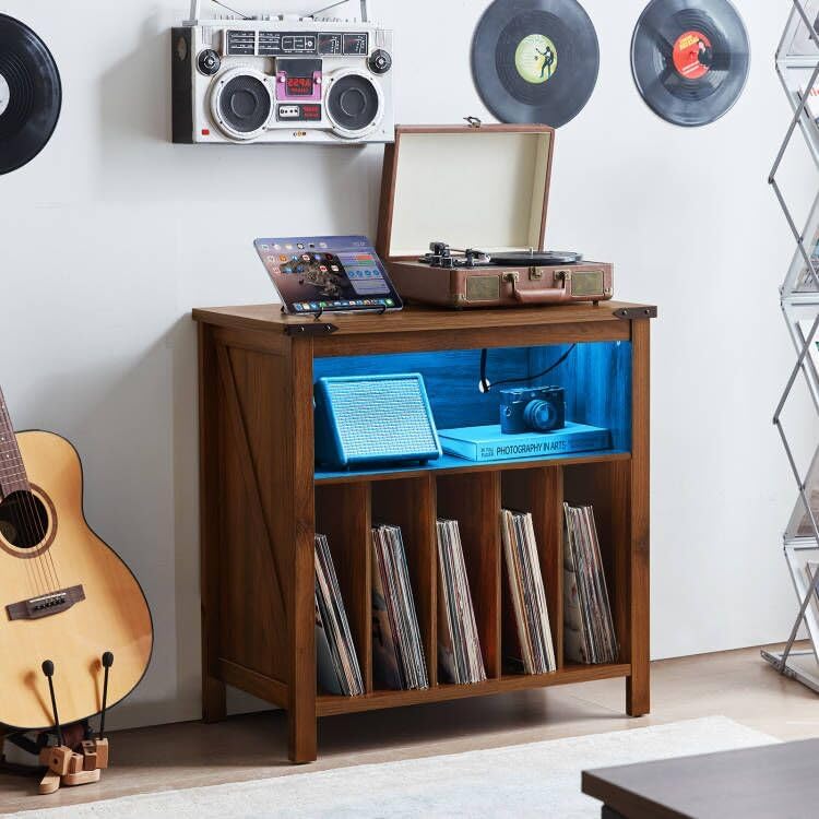 Large Record Player Stand with Charging Station & LED Lights, Vinyl Records Storage Holder Cabinet Holds up to 230 Albums, Turntable Stand for Music Room, Bedroom, Living Room, Office (Brown)