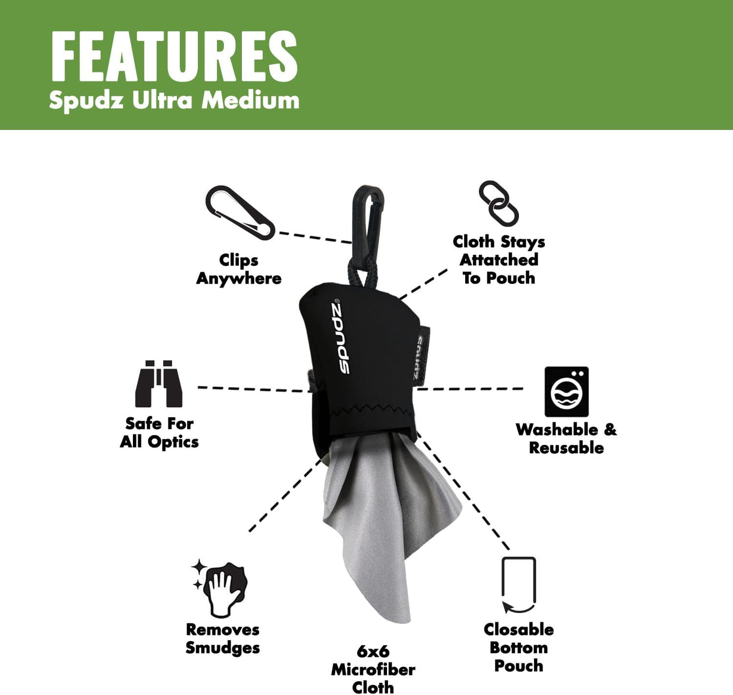 SPUDZ Ultra Microfiber Lens Cleaner – Closable Pouch, Clip-On, Washable – for Optics, Scopes, Glasses | Mountain Rainbow, 6 x 6 Inch