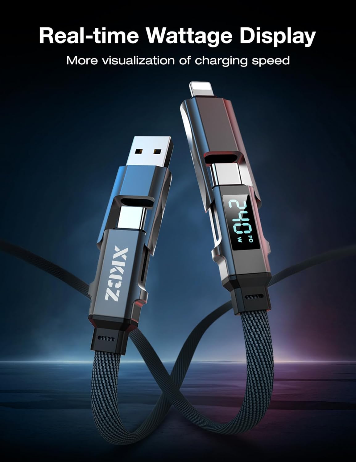 4 in 1 USB C Cable with Wattage Display, 240W Flat Nylon Braided Multi Charge Cable with Data Sync, USB C Charging Cord Combo Type C/USB A/L Port for iPhone/iPad/Samsung/Laptop, 3FT
