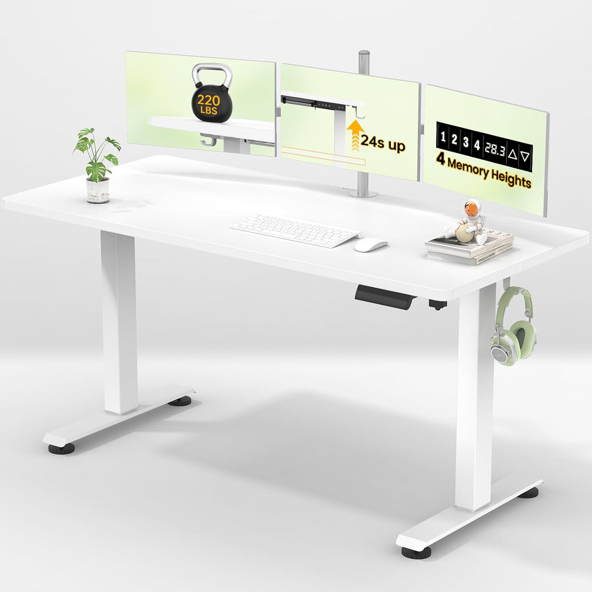 Veken 55 Inch Large Electric Standing Desk,Sit to Stand Up, Heights Adjustable, Work Home Office Computer Table for Study, Walking Pad, Writing, and Games, Wooden Desktop Desks, White