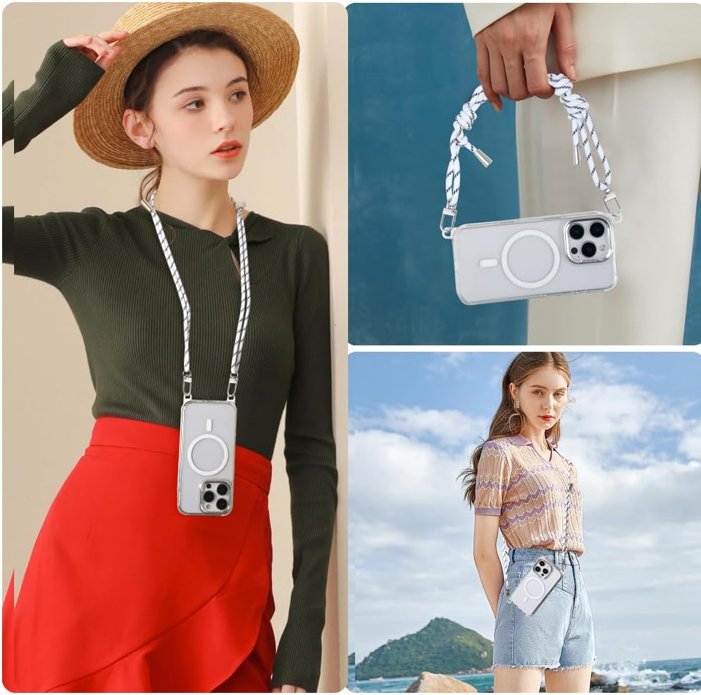 for iPhone 14 Pro Case with 62.99 inch Lanyard, Classic Clear&White Magnetic Phone Case, Drop&Shockproof Protection Cases, Phone Lanyard for Around The Neck, Compatible with Magnet Accessory