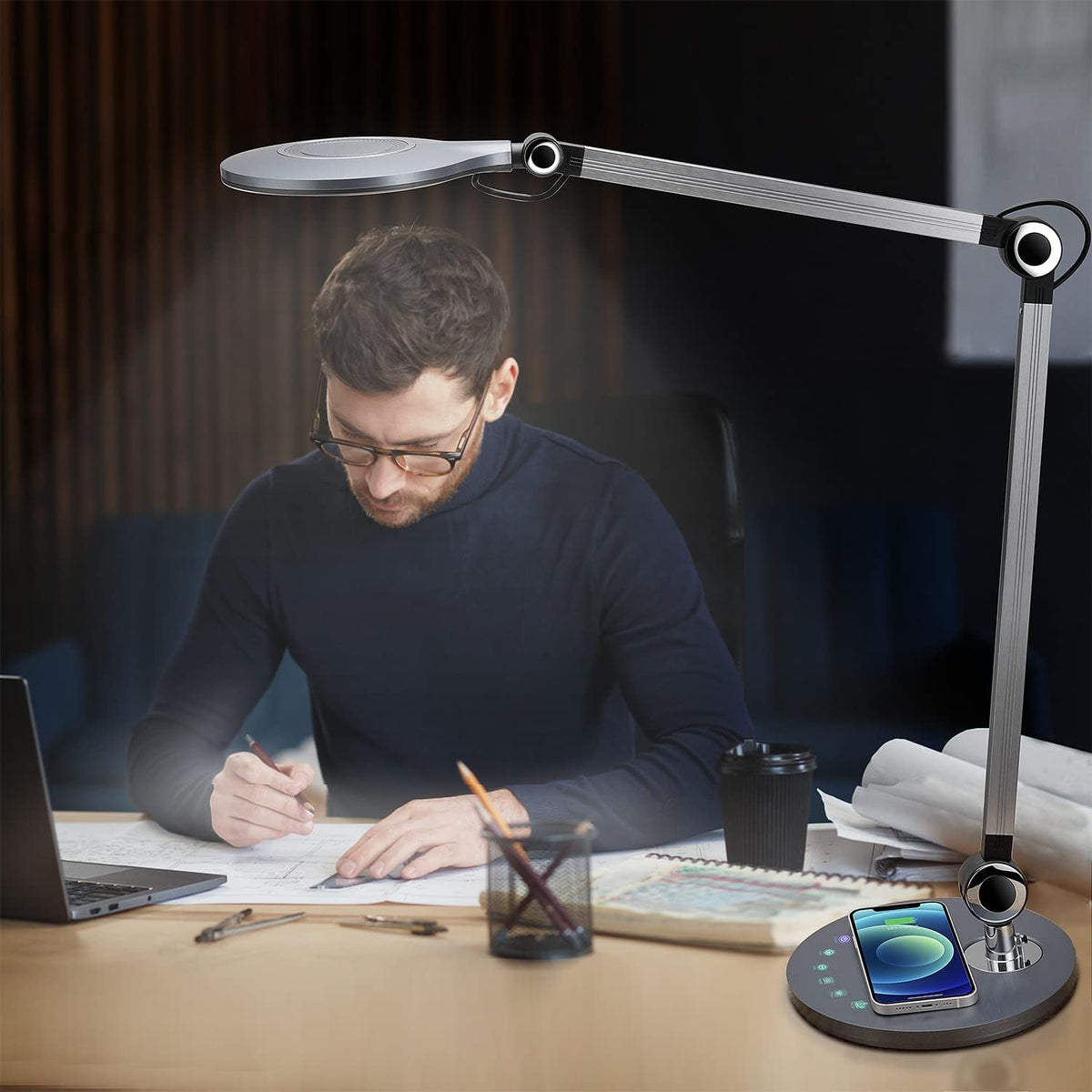 Desk Lamp,Led Architect Desk Lamp,Desk Lamps for Home Office,Table lamp with Wireless Charger & Adjustable Swing Arm,Touch Control, 3 Lighting Mode,5 Brightness,Eye-Caring Office Lamp