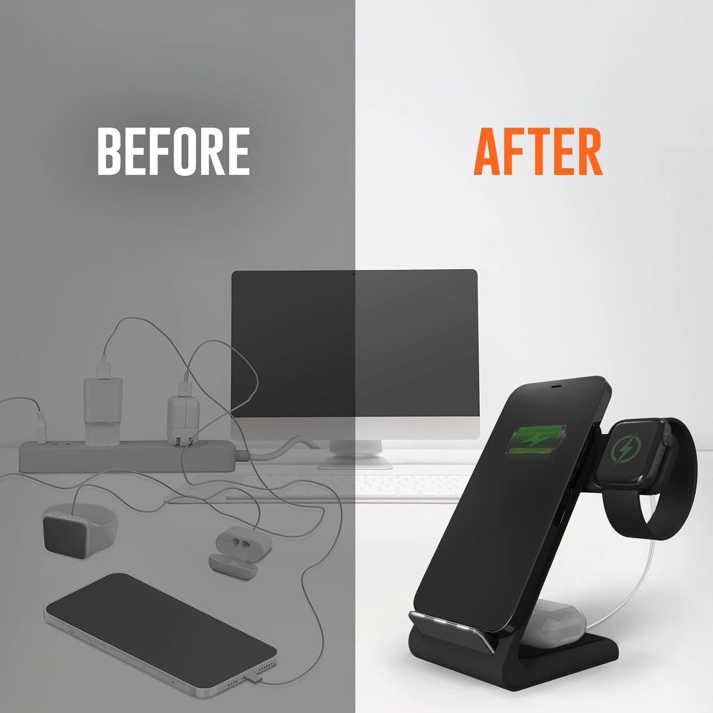 STM ChargeTree Swing 3-in-1 Wireless Charging Station for iPhone/Samsung/Android (15W/7.5W), AirPods (5W), Apple Watch (3W). Qi-Certified Stand- Black
