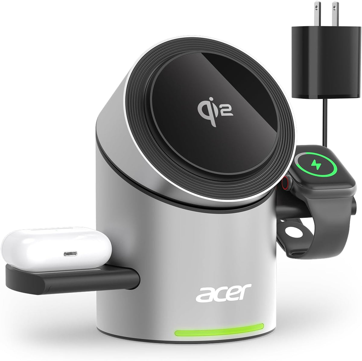 Acer 3 in 1 Charging Station for Apple - Qi2 15W iPhone Wireless Charging Station, Magsafe Charger Stand for iPhone 16 15 14 13 12 - Apple Watch - Airpods Series (Charger & USB-C Included)