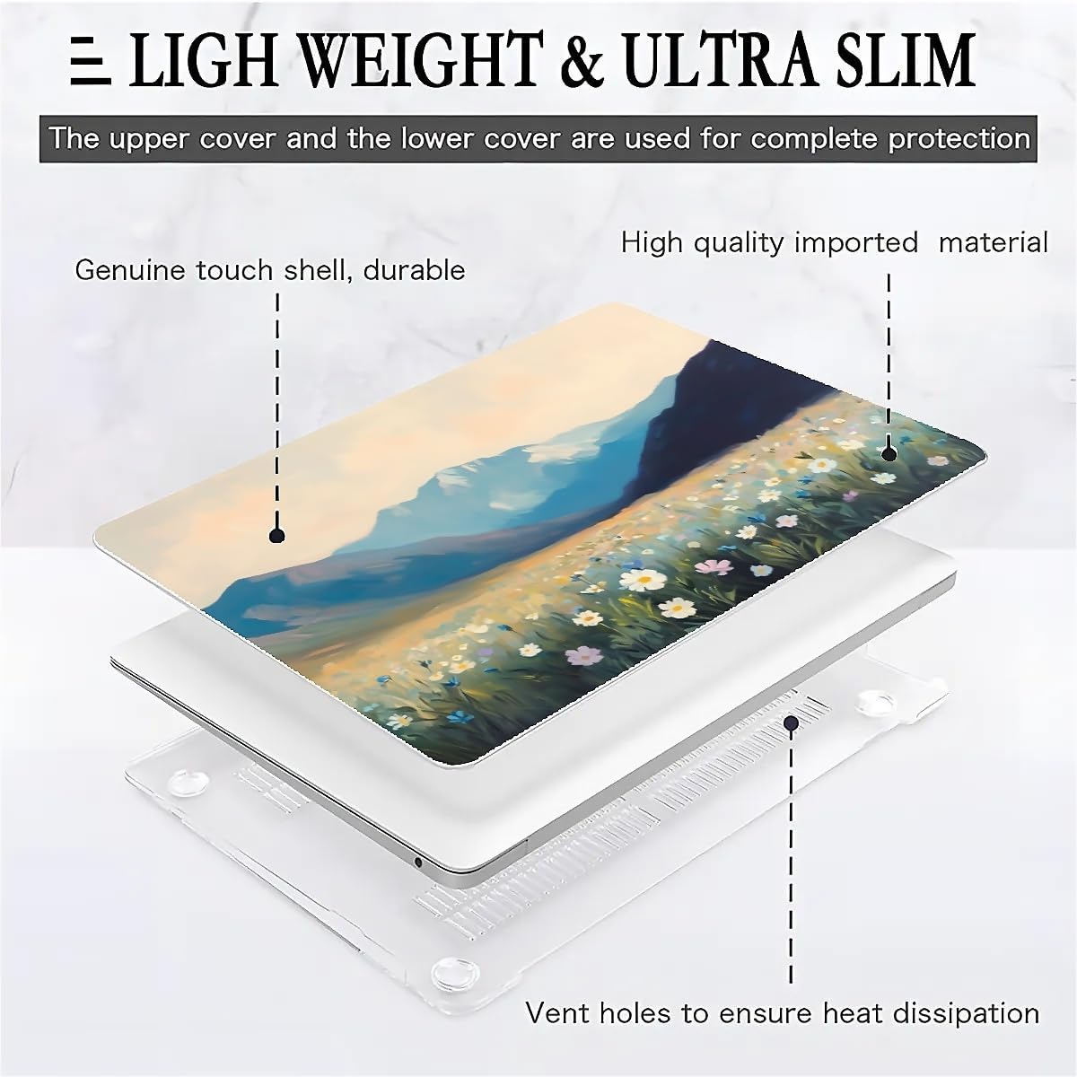 Compatible with MacBook Air 13.3 13.6 Inch Case 2022 2021 2020 2019 Plastic Hard Shell Case Cover,13.6 Air (A2681) M2 2022, Wildflowers and Mountains