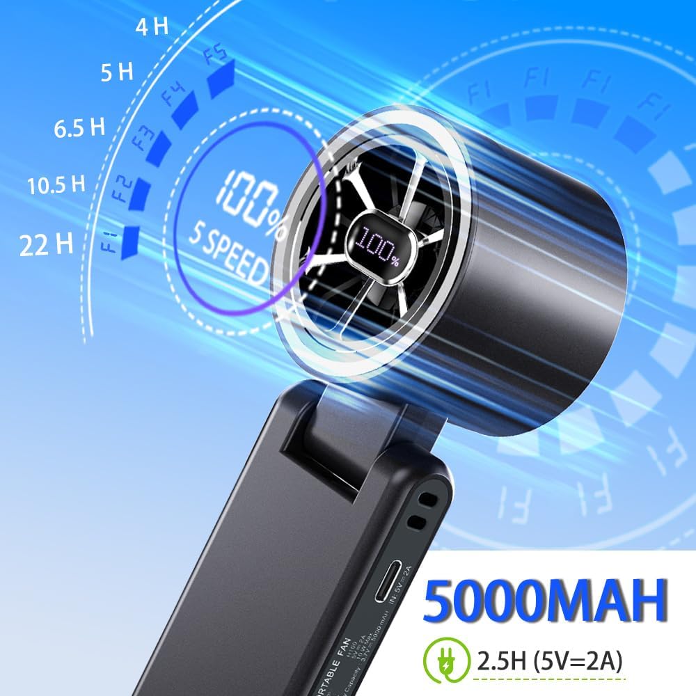 CAZOKASI Rechargeable Strong Wind Handheld Fan With Ambient Lighting 4 IN1 5000mAh Upto 22H For Desktop Waist Clip Neck (StrongWind/Black)