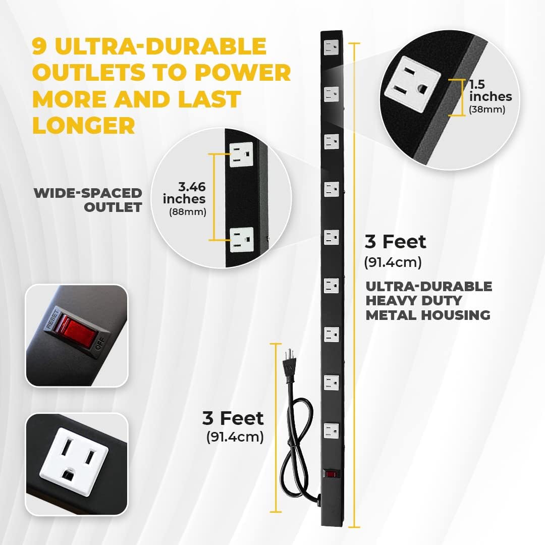 9 Outlets 3 Feet Power Cord 3 Feet Body Opentron OT3093 Heavy Duty Metal Surge Protector Power Strip with Mounting Parts - Free End Caps for Shipping Protection Only