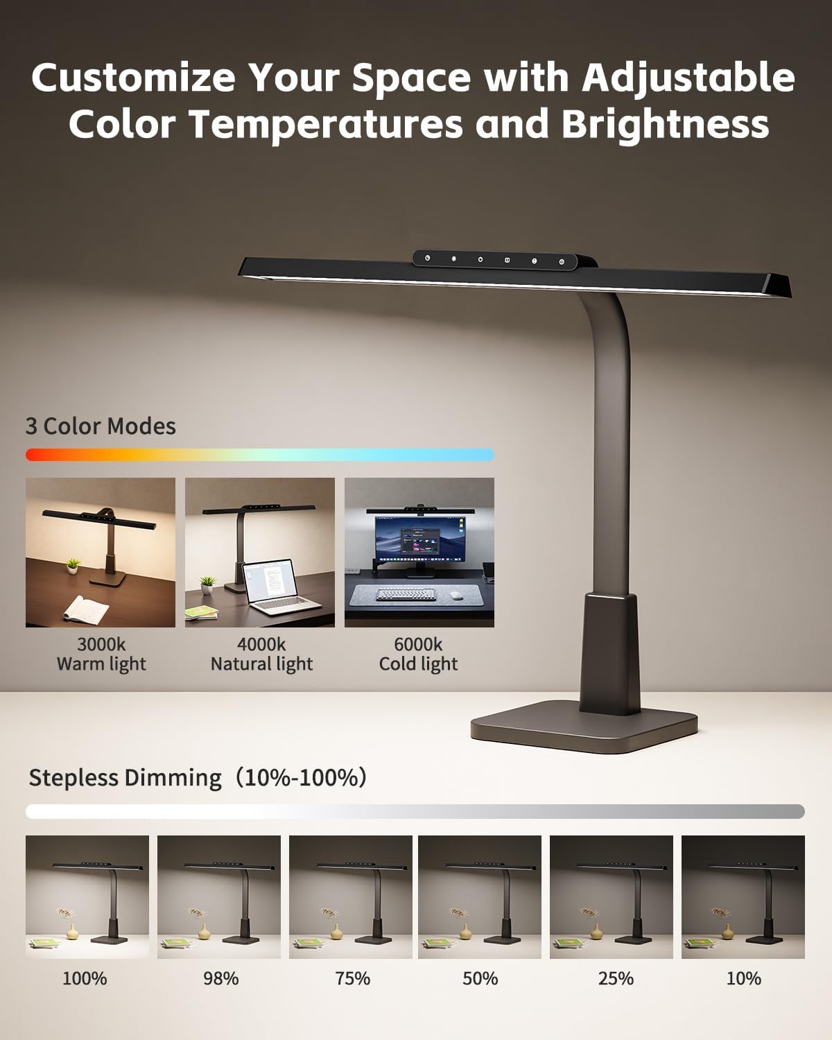 LED Desk Lamp for Home Office with Base, Dimmable Eye-Caring Computer Light with Memory & Timer Functions, Flexible Gooseneck Touch Control Architect Desk Light for Reading, Study, Workbench (Black)