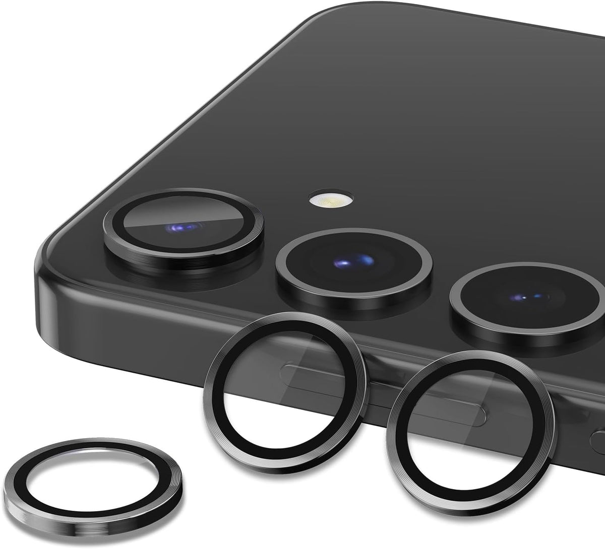 for Samsung Galaxy S25 Plus Camera Lens Protector, Individual Metal Ring Tempered Glass Lens Cover, [Strong Adsorption] Scratch Resistant Ultra-Thin HD Clear Lens Cover, 1 Set-Black