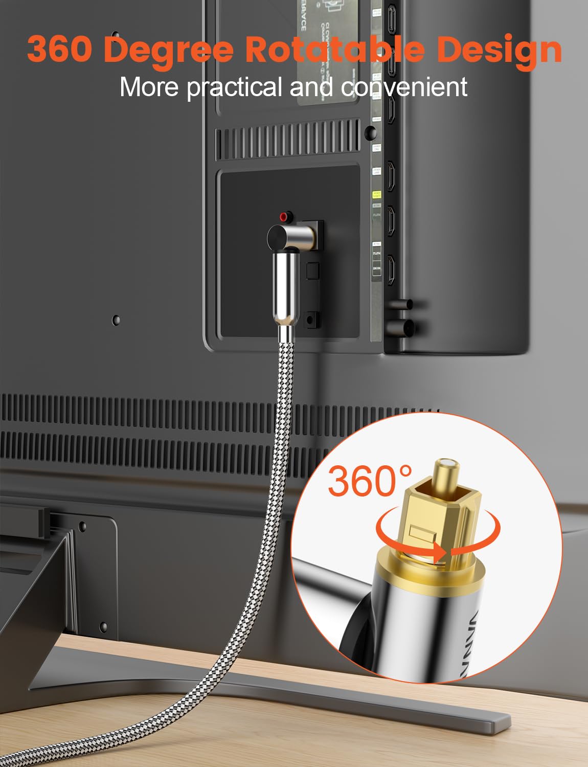 VANAUX 90-Degree Optical Audio Cable 15FT,90 Degree to 90 Degree Fiber Optic Toslink Cable(24K Gold-Plated Connectors,Braided Jacket) Ideal for Tight Spaces,Home Theater,Soundbars,Gaming Consoles